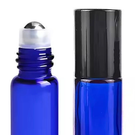 Two blue roller bottles with black caps on a white background